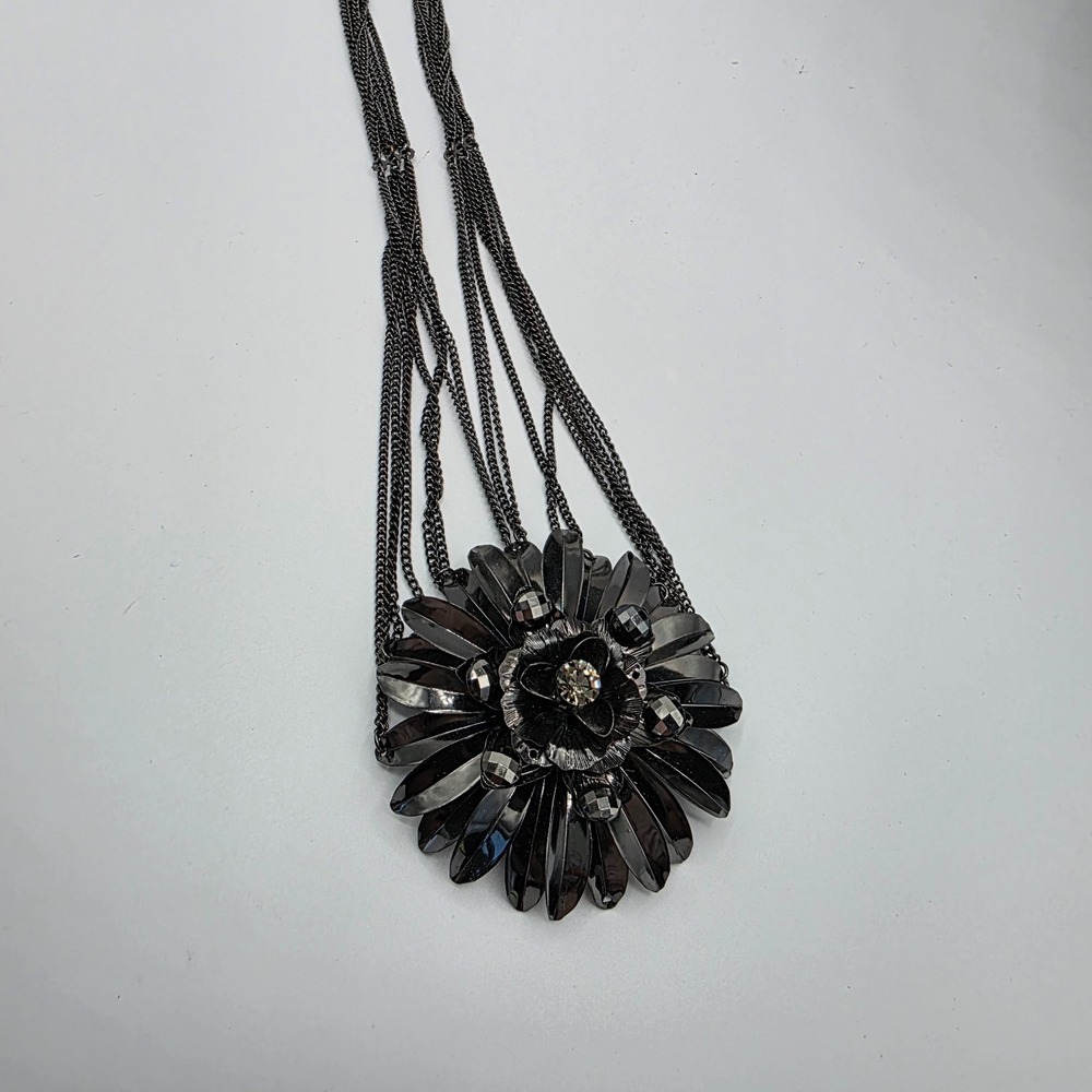 Womens Silver Tone Multi Strand Chain Flower Crystal Pendant 34" Fairycore - Picture 5 of 10